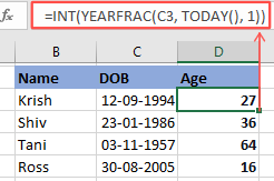 age calculation using YEARFRAC example