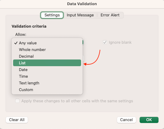 Data Validation Dailog Box