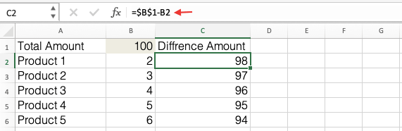 how to enter subtraction formula in excel