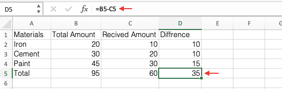 how to set up subtraction formula in excel