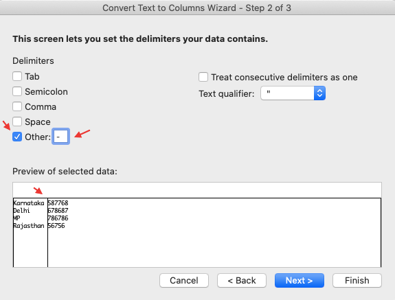 Text to Columns Delimeter Example.
